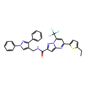 N-[(1,3-diphenylpyrazol-4-yl)methyl]-5-(5-ethylthiophen-2-yl)-7-(trifluoromethyl)pyrazolo[1,5-a]pyrimidine-2-carboxamide structure