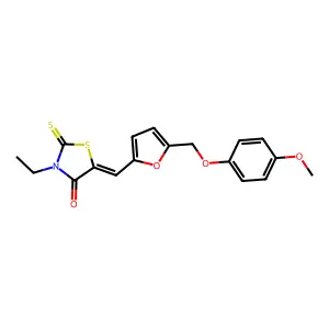 (5E)-3-ethyl-5-[[5-[(4-methoxyphenoxy)methyl]furan-2-yl]methylidene]-2-sulfanylidene-1,3-thiazolidin-4-one structure