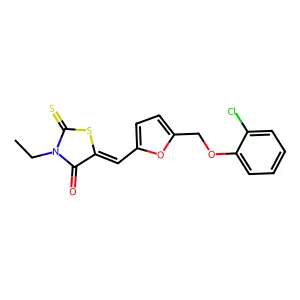 (5E)-5-[[5-[(2-chlorophenoxy)methyl]furan-2-yl]methylidene]-3-ethyl-2-sulfanylidene-1,3-thiazolidin-4-one structure