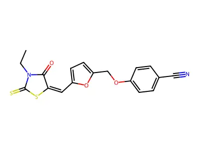 4-[[5-[(E)-(3-ethyl-4-oxo-2-sulfanylidene-1,3-thiazolidin-5-ylidene)methyl]furan-2-yl]methoxy]benzonitrile structure