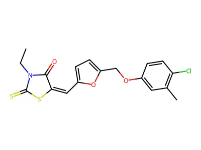 (5E)-5-[[5-[(4-chloro-3-methylphenoxy)methyl]furan-2-yl]methylidene]-3-ethyl-2-sulfanylidene-1,3-thiazolidin-4-one structure