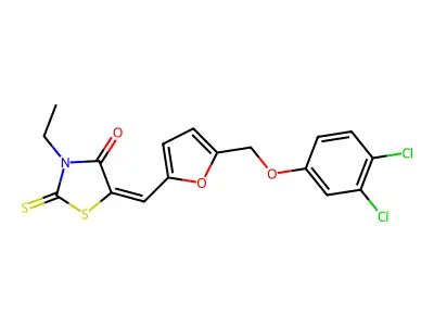 (5E)-5-[[5-[(3,4-dichlorophenoxy)methyl]furan-2-yl]methylidene]-3-ethyl-2-sulfanylidene-1,3-thiazolidin-4-one structure