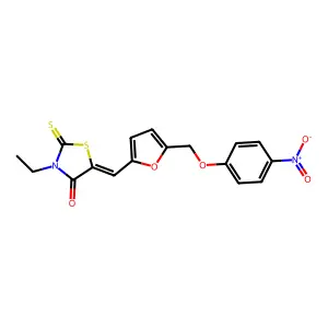 (5E)-3-ethyl-5-[[5-[(4-nitrophenoxy)methyl]furan-2-yl]methylidene]-2-sulfanylidene-1,3-thiazolidin-4-one structure