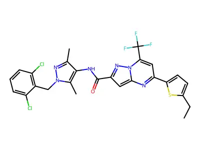 N-[1-[(2,6-dichlorophenyl)methyl]-3,5-dimethylpyrazol-4-yl]-5-(5-ethylthiophen-2-yl)-7-(trifluoromethyl)pyrazolo[1,5-a]pyrimidine-2-carboxamide structure