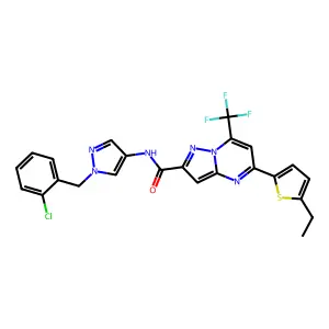 N-[1-[(2-chlorophenyl)methyl]pyrazol-4-yl]-5-(5-ethylthiophen-2-yl)-7-(trifluoromethyl)pyrazolo[1,5-a]pyrimidine-2-carboxamide structure