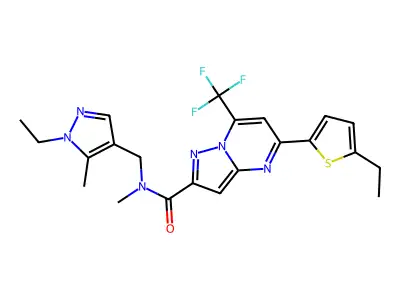 N-[(1-ethyl-5-methylpyrazol-4-yl)methyl]-5-(5-ethylthiophen-2-yl)-N-methyl-7-(trifluoromethyl)pyrazolo[1,5-a]pyrimidine-2-carboxamide structure