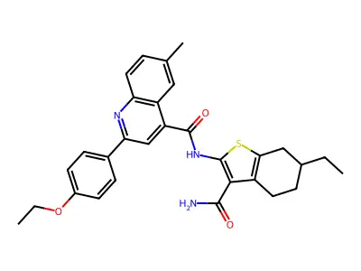 N-(3-carbamoyl-6-ethyl-4,5,6,7-tetrahydro-1-benzothiophen-2-yl)-2-(4-ethoxyphenyl)-6-methylquinoline-4-carboxamide structure