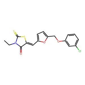 (5E)-5-[[5-[(3-chlorophenoxy)methyl]furan-2-yl]methylidene]-3-ethyl-2-sulfanylidene-1,3-thiazolidin-4-one structure