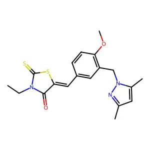 (5E)-5-[[3-[(3,5-dimethylpyrazol-1-yl)methyl]-4-methoxyphenyl]methylidene]-3-ethyl-2-sulfanylidene-1,3-thiazolidin-4-one structure