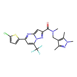 5-(5-chlorothiophen-2-yl)-N-methyl-7-(trifluoromethyl)-N-[(1,3,5-trimethylpyrazol-4-yl)methyl]pyrazolo[1,5-a]pyrimidine-2-carboxamide structure