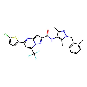 5-(5-chlorothiophen-2-yl)-N-[3,5-dimethyl-1-[(2-methylphenyl)methyl]pyrazol-4-yl]-7-(trifluoromethyl)pyrazolo[1,5-a]pyrimidine-2-carboxamide structure