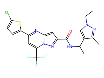 5-(5-chlorothiophen-2-yl)-N-[1-(1-ethyl-3-methylpyrazol-4-yl)ethyl]-7-(trifluoromethyl)pyrazolo[1,5-a]pyrimidine-2-carboxamide structure