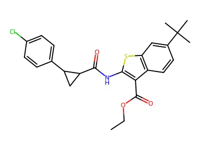 ethyl 6-tert-butyl-2-({[2-(4-chlorophenyl)cyclopropyl]carbonyl}amino)-1-benzothiophene-3-carboxylate structure