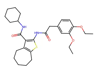 N-cyclohexyl-2-{[(3,4-diethoxyphenyl)acetyl]amino}-5,6,7,8-tetrahydro-4H-cyclohepta[b]thiophene-3-carboxamide structure