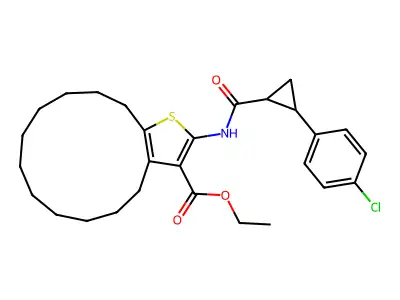 ethyl 2-({[2-(4-chlorophenyl)cyclopropyl]carbonyl}amino)-5,6,7,8,9,10,11,12,13,14-decahydro-4H-cyclotrideca[b]thiophene-3-carboxylate structure