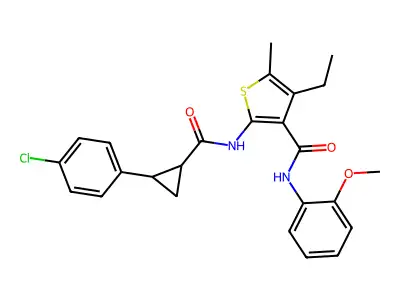 2-({[2-(4-chlorophenyl)cyclopropyl]carbonyl}amino)-4-ethyl-N-(2-methoxyphenyl)-5-methylthiophene-3-carboxamide structure