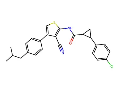 2-(4-chlorophenyl)-N-[3-cyano-4-[4-(2-methylpropyl)phenyl]thiophen-2-yl]cyclopropane-1-carboxamide structure