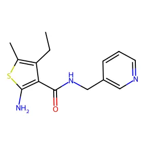 2-amino-4-ethyl-5-methyl-N-(pyridin-3-ylmethyl)thiophene-3-carboxamide structure