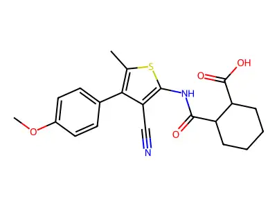 2-({[3-cyano-4-(4-methoxyphenyl)-5-methyl-2-thienyl]amino}carbonyl)cyclohexanecarboxylic acid structure