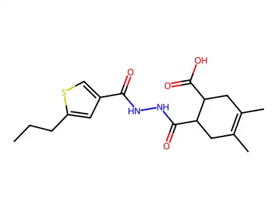 3,4-dimethyl-6-({2-[(5-propylthiophen-3-yl)carbonyl]hydrazinyl}carbonyl)cyclohex-3-ene-1-carboxylic acid structure