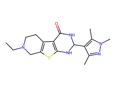 7-ethyl-2-(1,3,5-trimethyl-1H-pyrazol-4-yl)-2,3,5,6,7,8-hexahydropyrido[4',3':4,5]thieno[2,3-d]pyrimidin-4(1H)-one structure