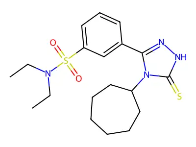 3-(4-cycloheptyl-5-sulfanyl-4H-1,2,4-triazol-3-yl)-N,N-diethylbenzene-1-sulfonamide structure