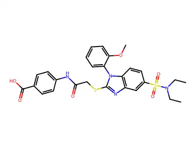 4-(2-{[5-(diethylsulfamoyl)-1-(2-methoxyphenyl)-1H-1,3-benzodiazol-2-yl]sulfanyl}acetamido)benzoic acid structure