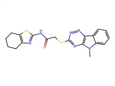 2-[(5-methyl-[1,2,4]triazino[5,6-b]indol-3-yl)sulfanyl]-N-(4,5,6,7-tetrahydro-1,3-benzothiazol-2-yl)acetamide structure