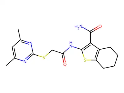 2-[[2-(4,6-dimethylpyrimidin-2-yl)sulfanylacetyl]amino]-4,5,6,7-tetrahydro-1-benzothiophene-3-carboxamide structure
