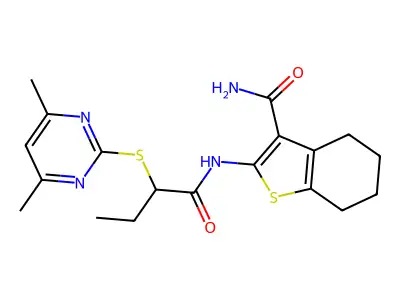 2-({2-[(4,6-dimethylpyrimidin-2-yl)sulfanyl]butanoyl}amino)-4,5,6,7-tetrahydro-1-benzothiophene-3-carboxamide structure