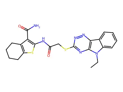 2-[[2-[(5-ethyl-[1,2,4]triazino[5,6-b]indol-3-yl)sulfanyl]acetyl]amino]-4,5,6,7-tetrahydro-1-benzothiophene-3-carboxamide structure