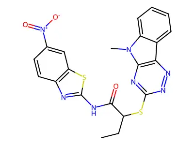 2-[(5-methyl-[1,2,4]triazino[5,6-b]indol-3-yl)sulfanyl]-N-(6-nitro-1,3-benzothiazol-2-yl)butanamide structure