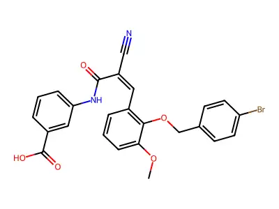 3-(3-{2-[(4-bromophenyl)methoxy]-3-methoxyphenyl}-2-cyanoprop-2-enamido)benzoic acid structure