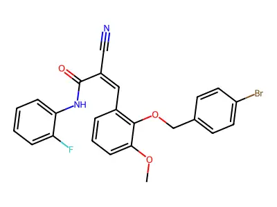 (Z)-3-[2-[(4-bromophenyl)methoxy]-3-methoxyphenyl]-2-cyano-N-(2-fluorophenyl)prop-2-enamide structure