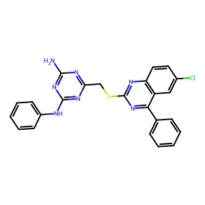 6-{[(6-chloro-4-phenylquinazolin-2-yl)sulfanyl]methyl}-N-phenyl-1,3,5-triazine-2,4-diamine structure