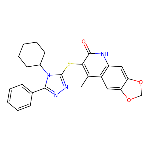 7-[(4-cyclohexyl-5-phenyl-4H-1,2,4-triazol-3-yl)sulfanyl]-8-methyl[1,3]dioxolo[4,5-g]quinolin-6(5H)-one structure