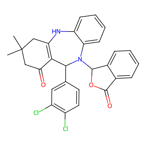 11-(3,4-dichlorophenyl)-3,3-dimethyl-10-(3-oxo-1,3-dihydro-2-benzofuran-1-yl)-2,3,4,5,10,11-hexahydro-1H-dibenzo[b,e][1,4]diazepin-1-one structure