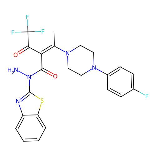 N-(1,3-benzothiazol-2-yl)-3-[4-(4-fluorophenyl)piperazin-1-yl]-2-(2,2,2-trifluoroacetyl)but-2-enehydrazide structure