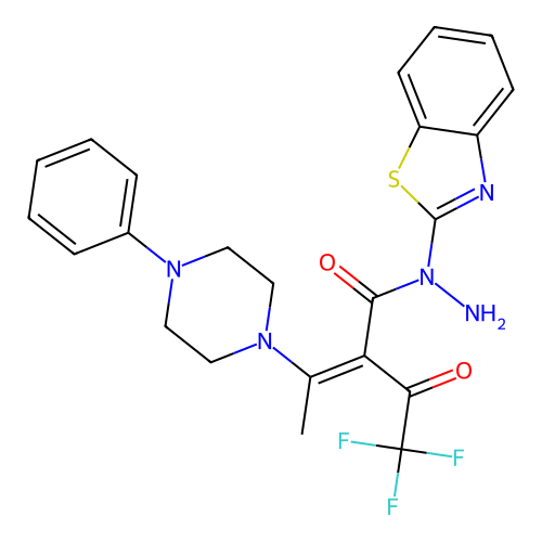N-(1,3-benzothiazol-2-yl)-3-(4-phenylpiperazin-1-yl)-2-(2,2,2-trifluoroacetyl)but-2-enehydrazide structure