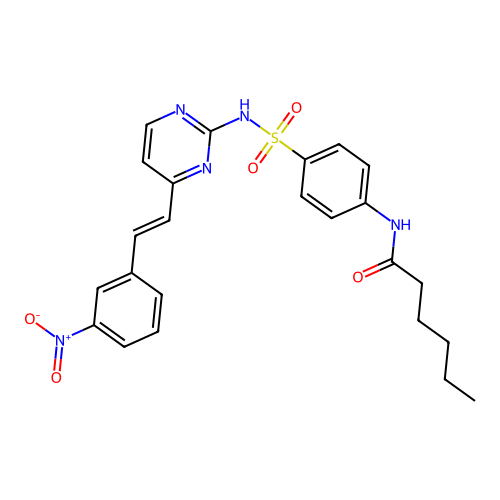 (E)-N-(4-(N-(4-(3-nitrostyryl)pyrimidin-2-yl)sulfamoyl)phenyl)hexanamide structure