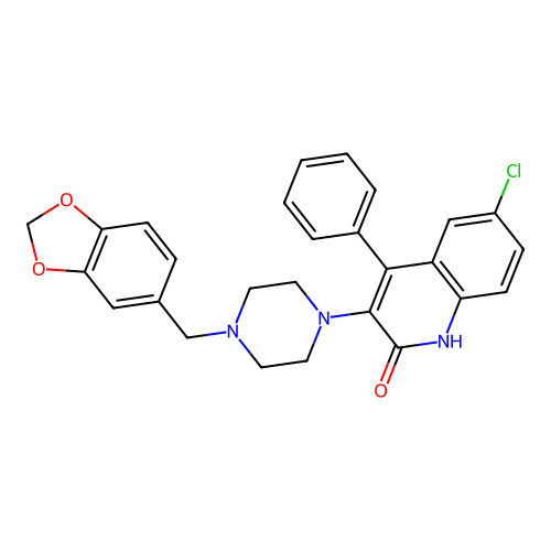 3-[4-(1,3-benzodioxol-5-ylmethyl)piperazin-1-yl]-6-chloro-4-phenylquinolin-2(1H)-one structure