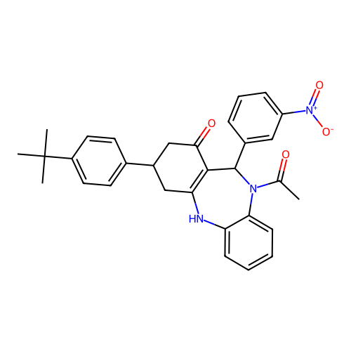 10-acetyl-3-(4-tert-butylphenyl)-11-(3-nitrophenyl)-2,3,4,5,10,11-hexahydro-1H-dibenzo[b,e][1,4]diazepin-1-one structure