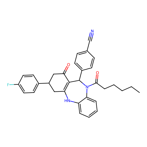 4-(3-(4-fluorophenyl)-10-hexanoyl-1-oxo-2,3,4,5,10,11-hexahydro-1H-dibenzo[b,e][1,4]diazepin-11-yl)benzonitrile structure