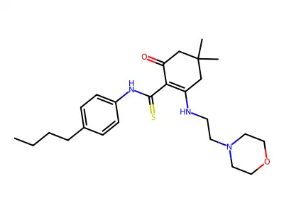 N-(4-butylphenyl)-4,4-dimethyl-2-(2-morpholin-4-ylethylamino)-6-oxocyclohexene-1-carbothioamide structure