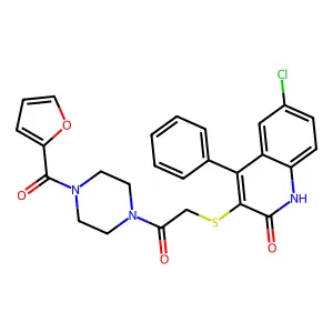 6-chloro-3-({2-[4-(2-furoyl)-1-piperazinyl]-2-oxoethyl}sulfanyl)-4-phenyl-2(1H)-quinolinone structure