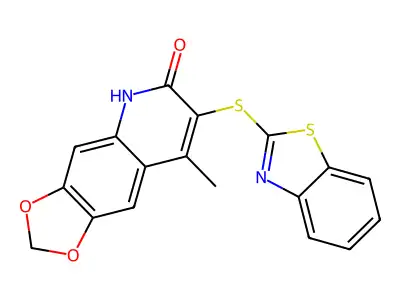 7-(1,3-benzothiazol-2-ylsulfanyl)-8-methyl-5H-[1,3]dioxolo[4,5-g]quinolin-6-one structure