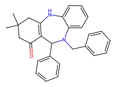 10-benzyl-3,3-dimethyl-11-phenyl-2,3,4,5,10,11-hexahydro-1H-dibenzo[b,e][1,4]diazepin-1-one structure