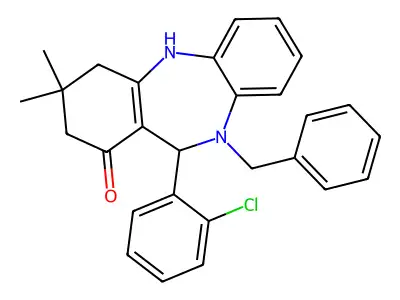10-benzyl-11-(2-chlorophenyl)-3,3-dimethyl-2,3,4,5,10,11-hexahydro-1H-dibenzo[b,e][1,4]diazepin-1-one structure