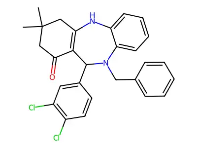 10-benzyl-11-(3,4-dichlorophenyl)-3,3-dimethyl-2,3,4,5,10,11-hexahydro-1H-dibenzo[b,e][1,4]diazepin-1-one structure