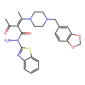 (2Z)-2-acetyl-3-[4-(1,3-benzodioxol-5-ylmethyl)piperazin-1-yl]-N-(1,3-benzothiazol-2-yl)but-2-enehydrazide structure